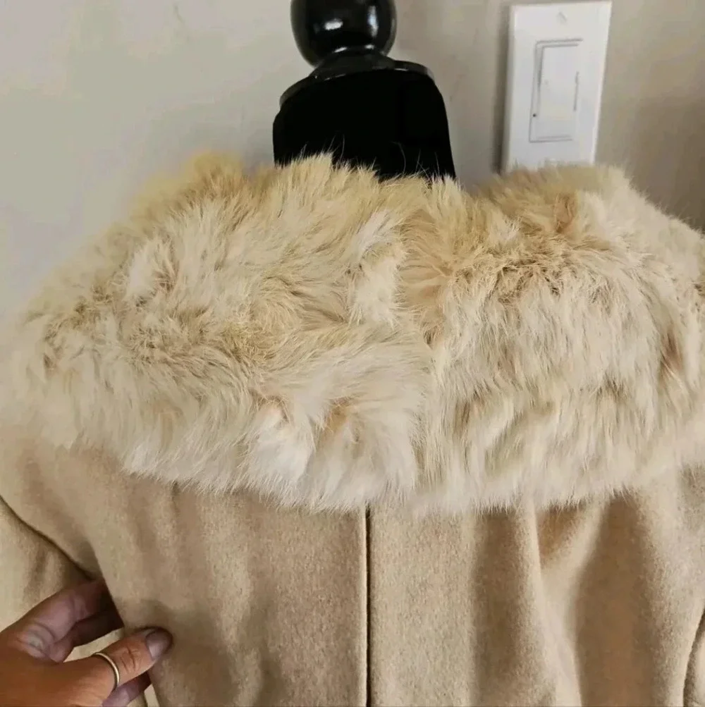 Youthcraft Women's Vintage Oatmeal Wool Princess Coat with Rabbit Fur Collar M